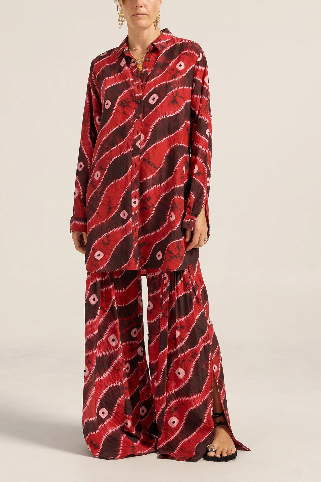 Ilio Nema Arion Hand Dyed Silk Shirtdress - Red Tie-Dye