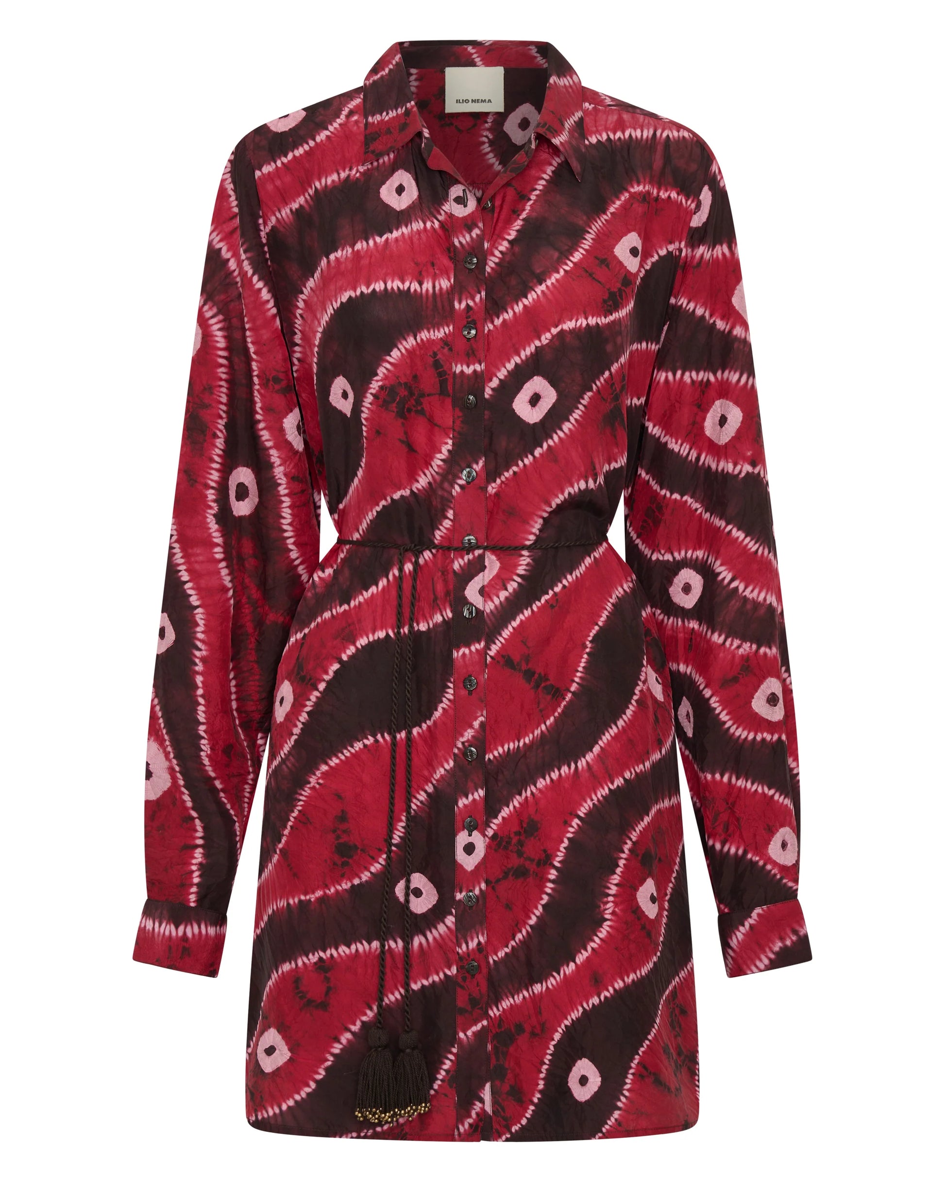 Ilio Nema Arion Hand Dyed Silk Shirtdress - Red Tie-Dye