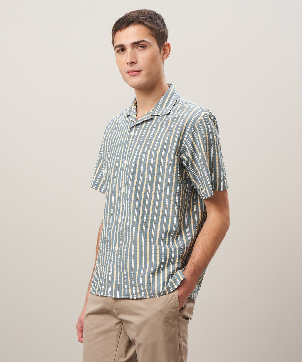 Hartford Men's Woven Palm Shirt - Green Seersucker