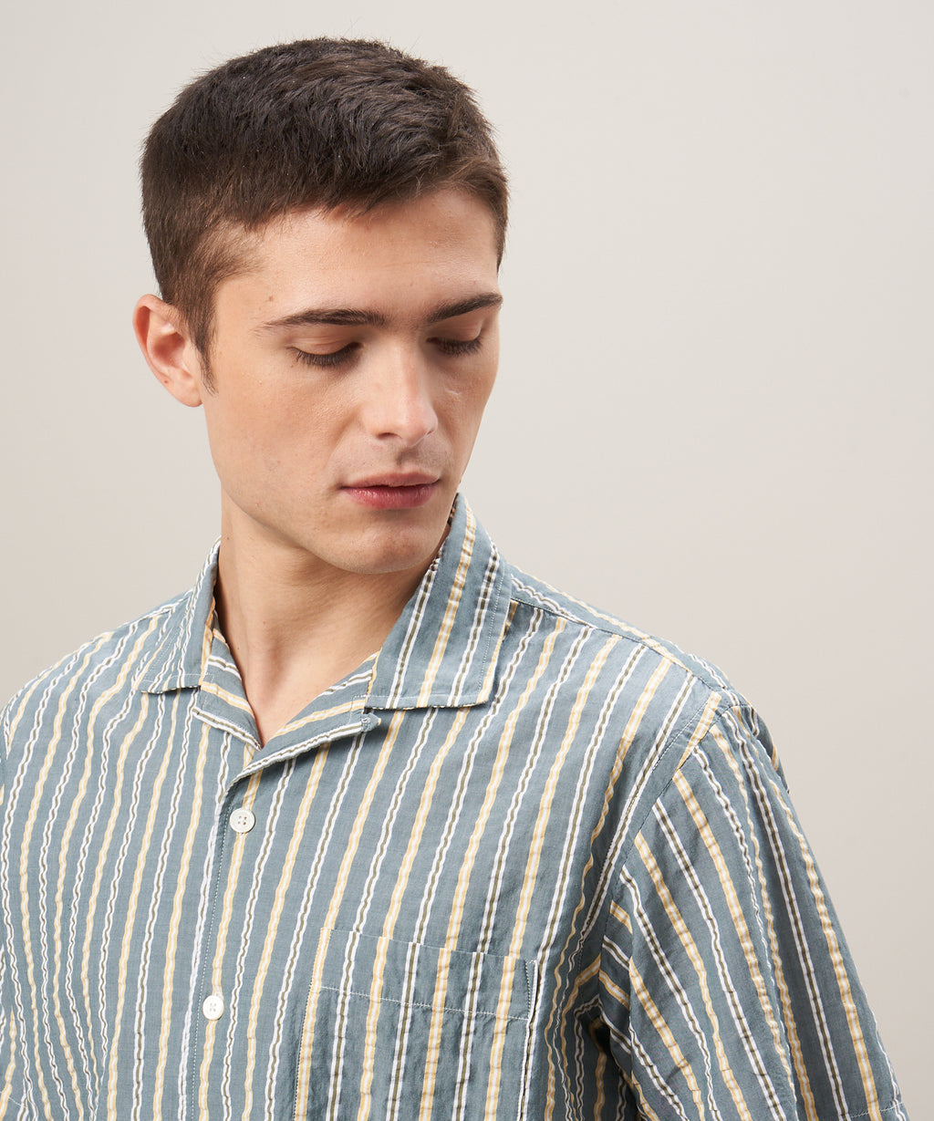 Hartford Men's Woven Palm Shirt - Green Seersucker