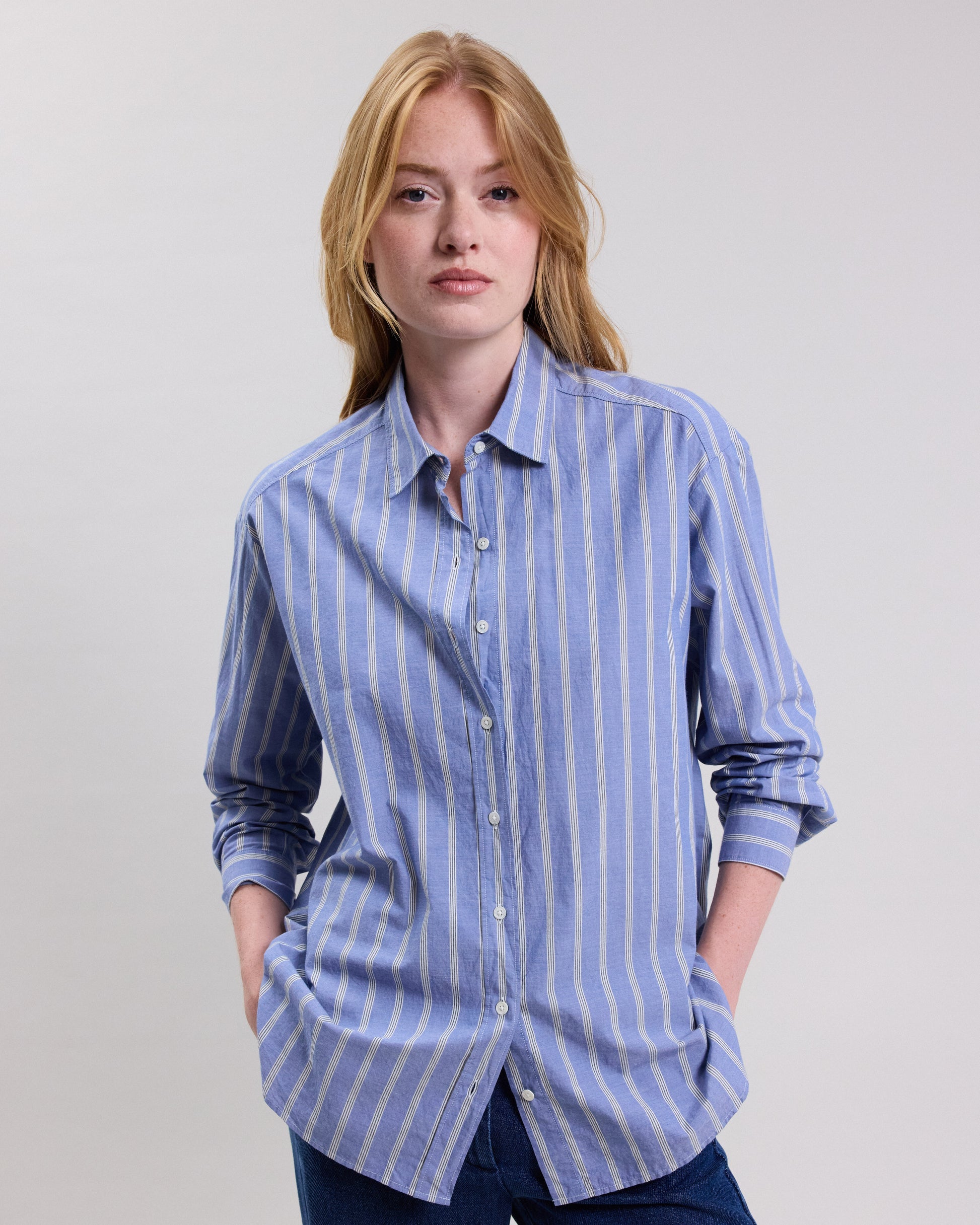 Hartford Cinema Striped Cotton Poplin Shirt - Blue