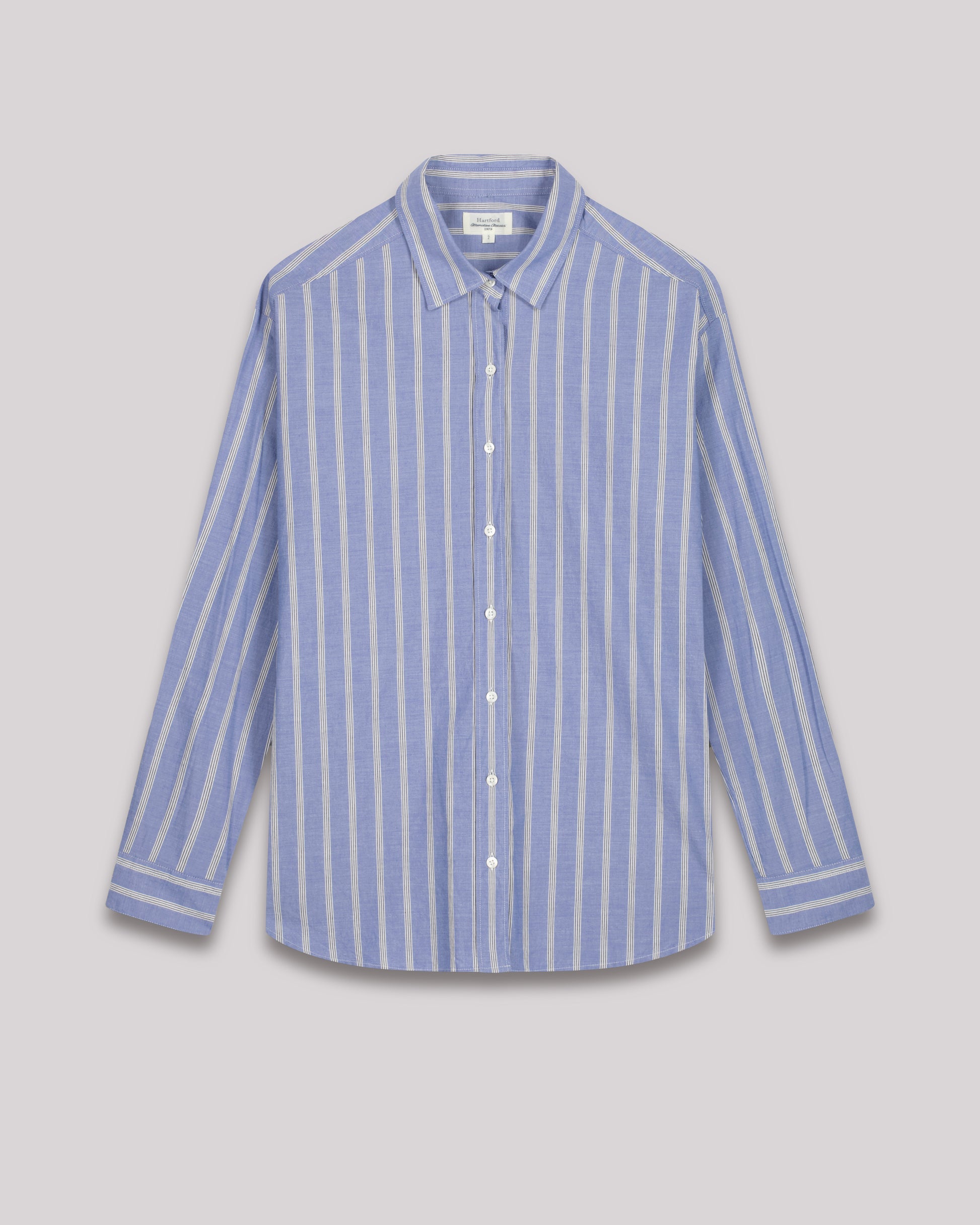 Hartford Cinema Striped Cotton Poplin Shirt - Blue