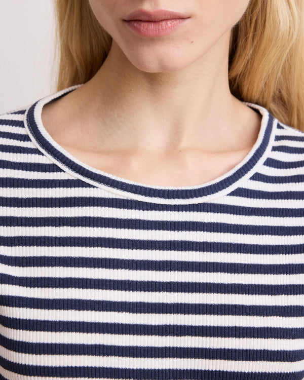 Hartford Teofila Women's Off-White & Navy Blue Striped Ribbed Cotton T-shirt