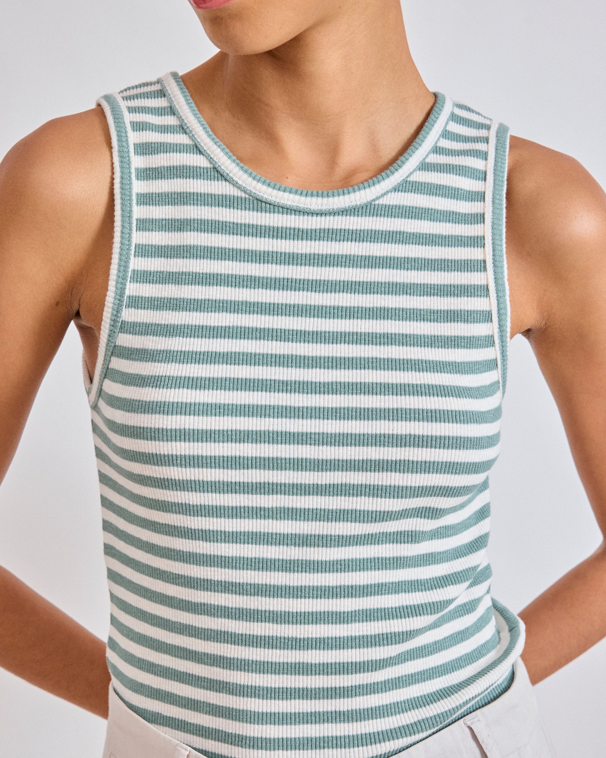 Hartford Tenest Women's Off-White & Agave Green Striped Ribbed Cotton Tank Top