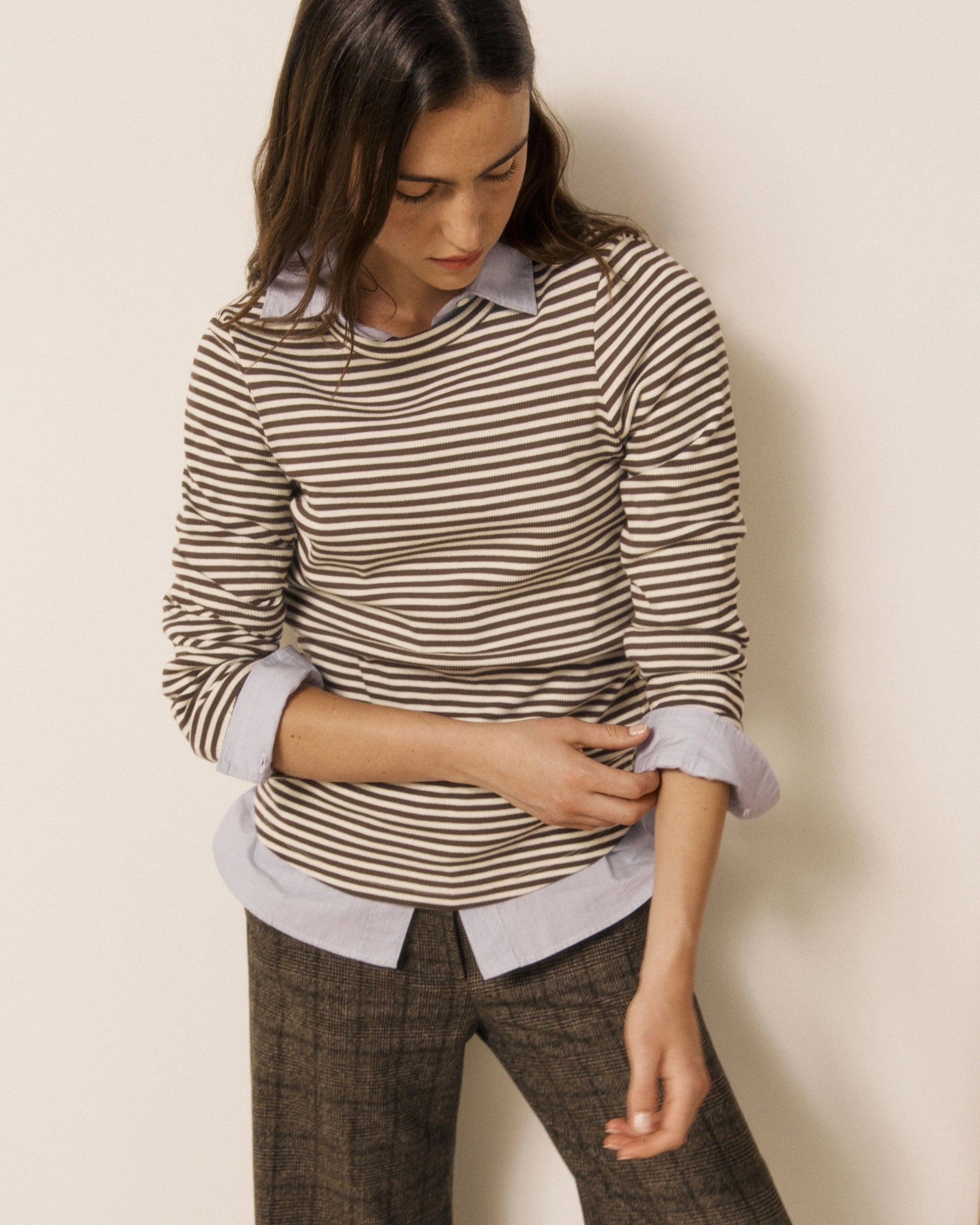 Hartford Taurua Striped Ribbed Long Sleeve Shirt - Choco