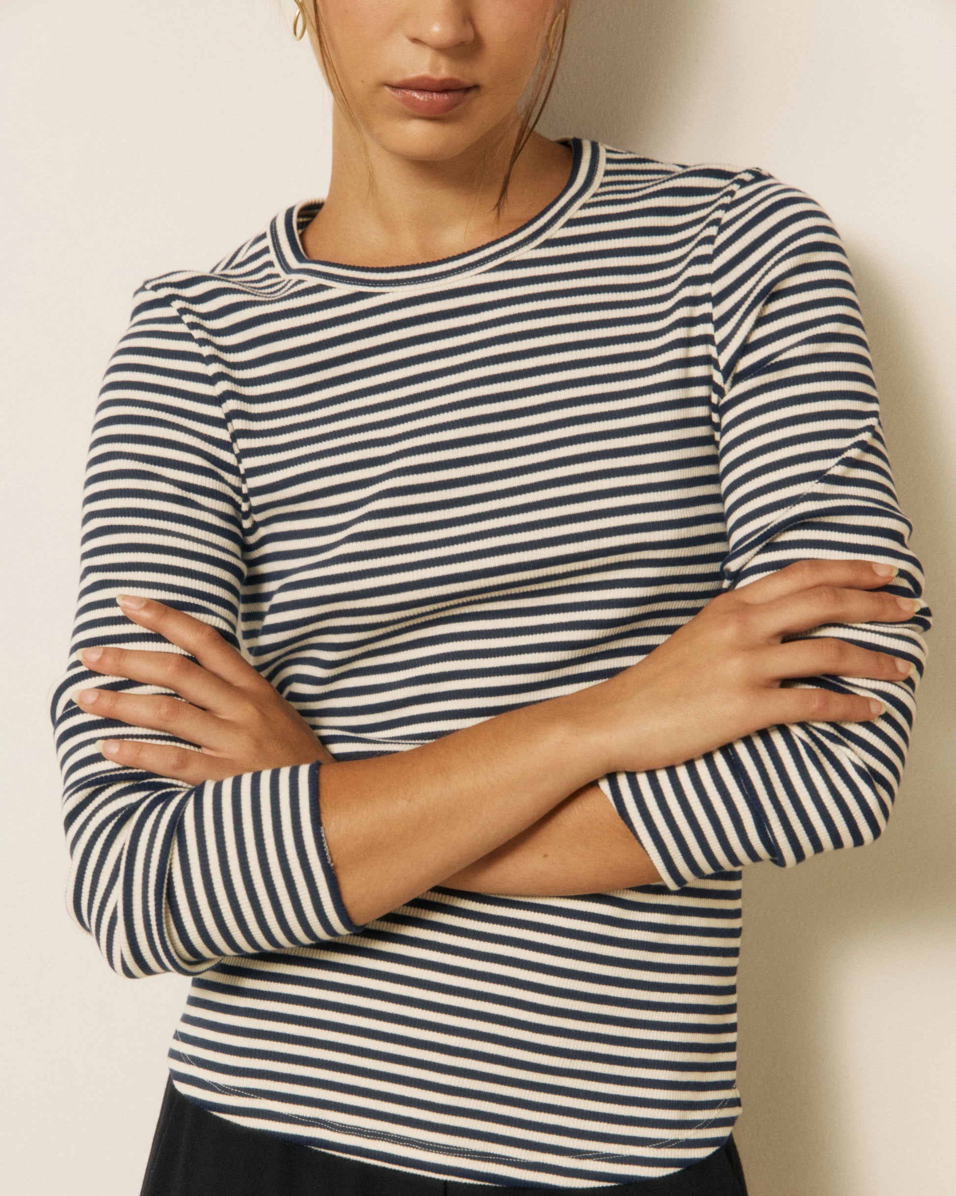 Hartford Taurua Striped Ribbed Long Sleeve Shirt - Navy