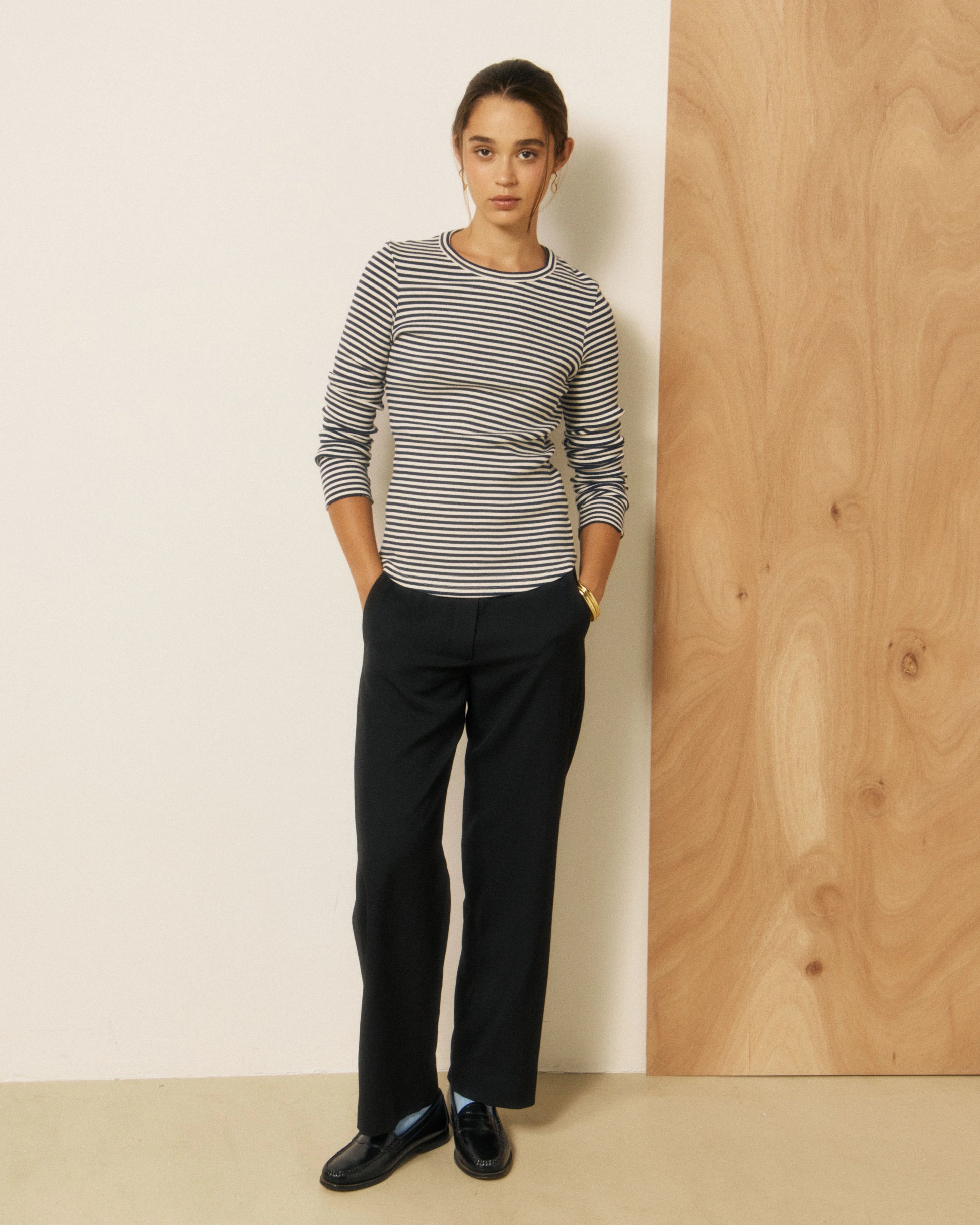 Hartford Taurua Striped Ribbed Long Sleeve Shirt - Navy