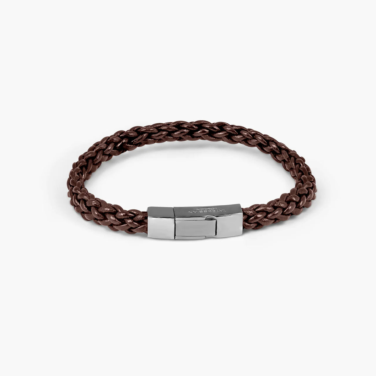 Tateossian Click Trenza Bracelet in Italian Brown Leather with Black Rhodium Plated Sterling Silver