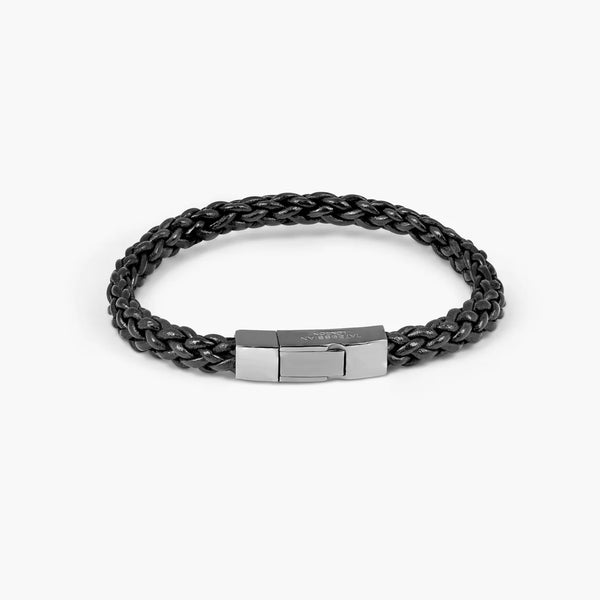 Tateossian Click Trenza Bracelet in Italian Black Leather with Black Rhodium Plated Sterling Silver