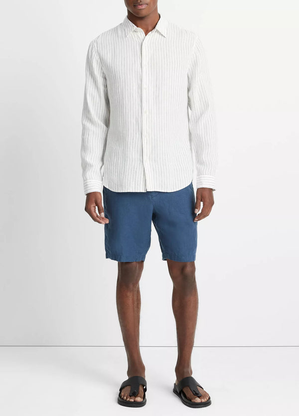 Vince Bayside Stripe Linen Long-Sleeve Shirt - Optic White/Deep Indigo