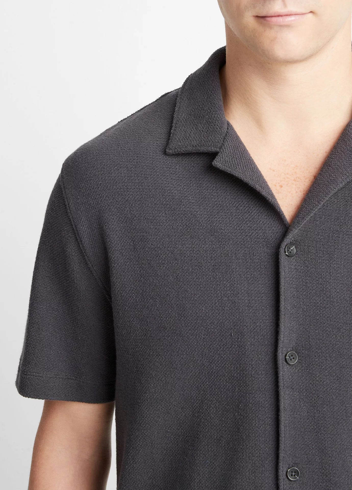 Vince Bouclé Short-Sleeve Button-Front Shirt -  Soft Black