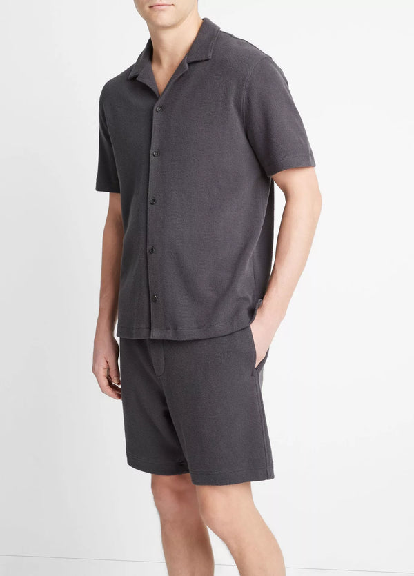 Vince Bouclé Short-Sleeve Button-Front Shirt -  Soft Black