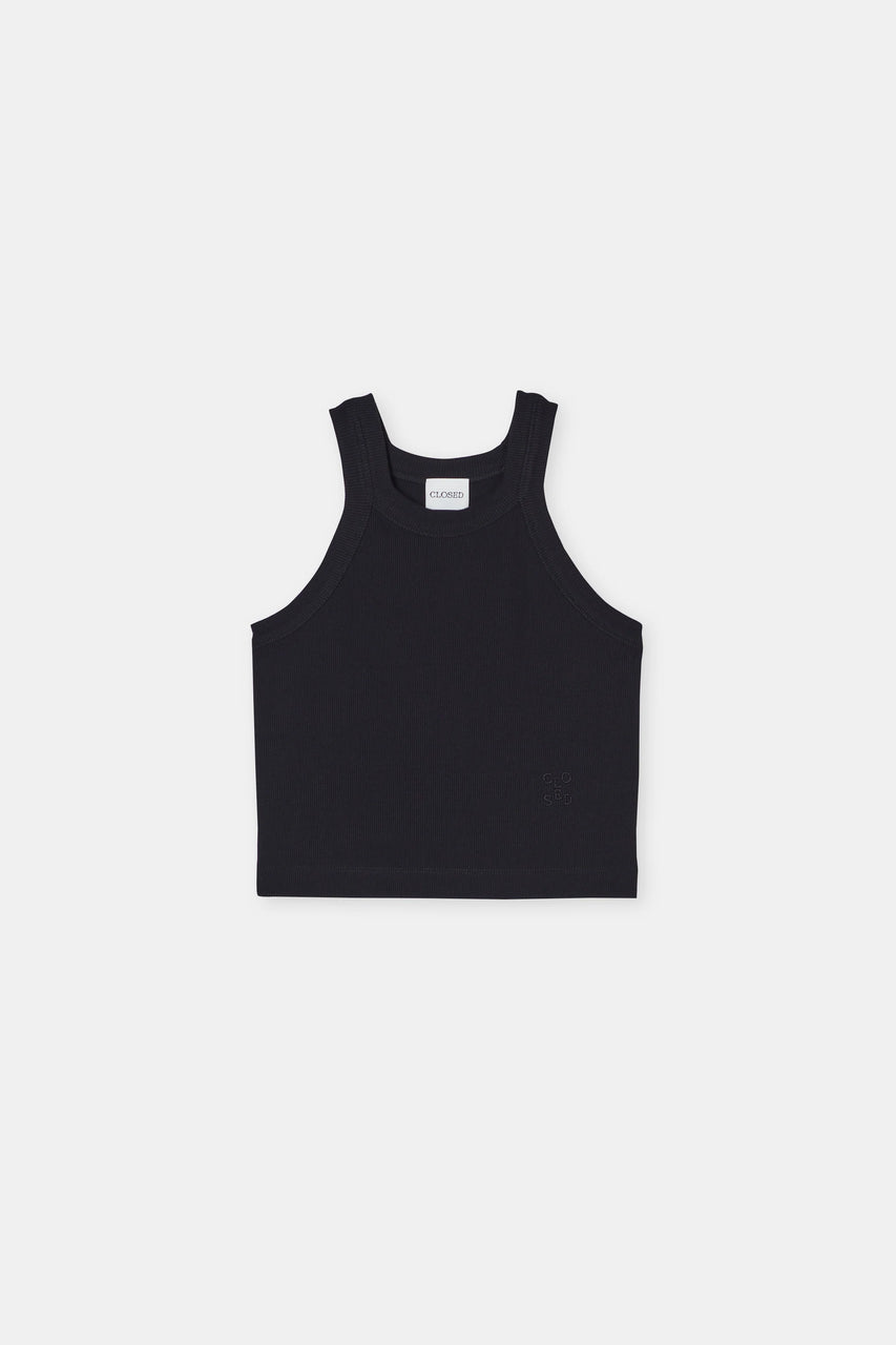 Closed Cropped Racer Tank - Black