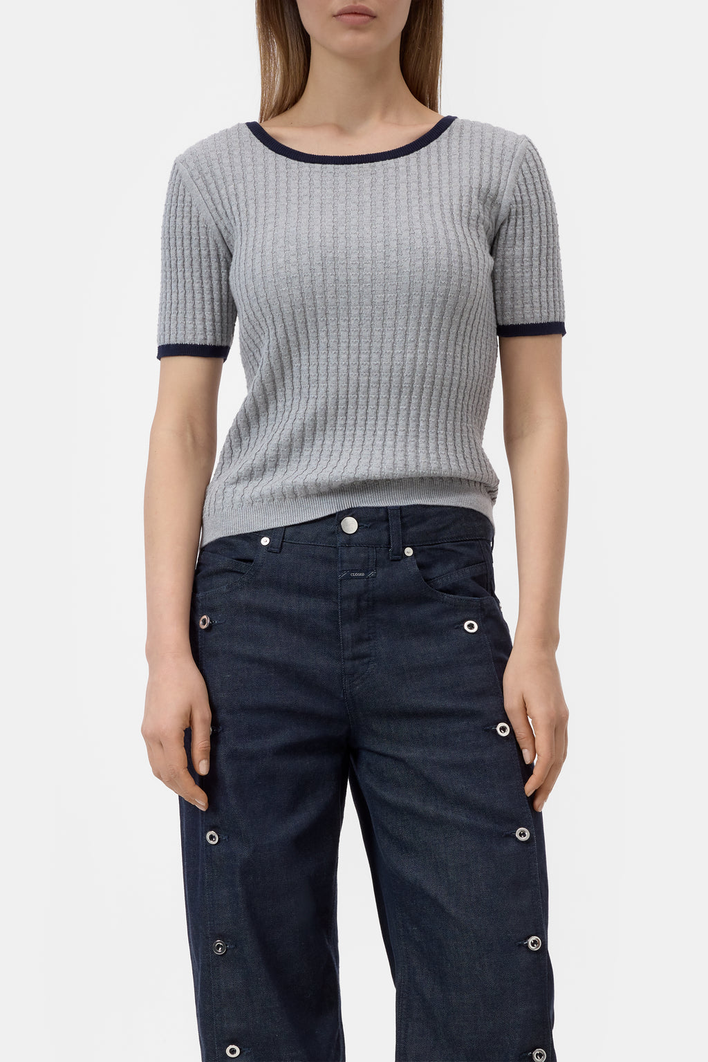 Closed Cotton-Blend Knit Top - Light Grey Melange