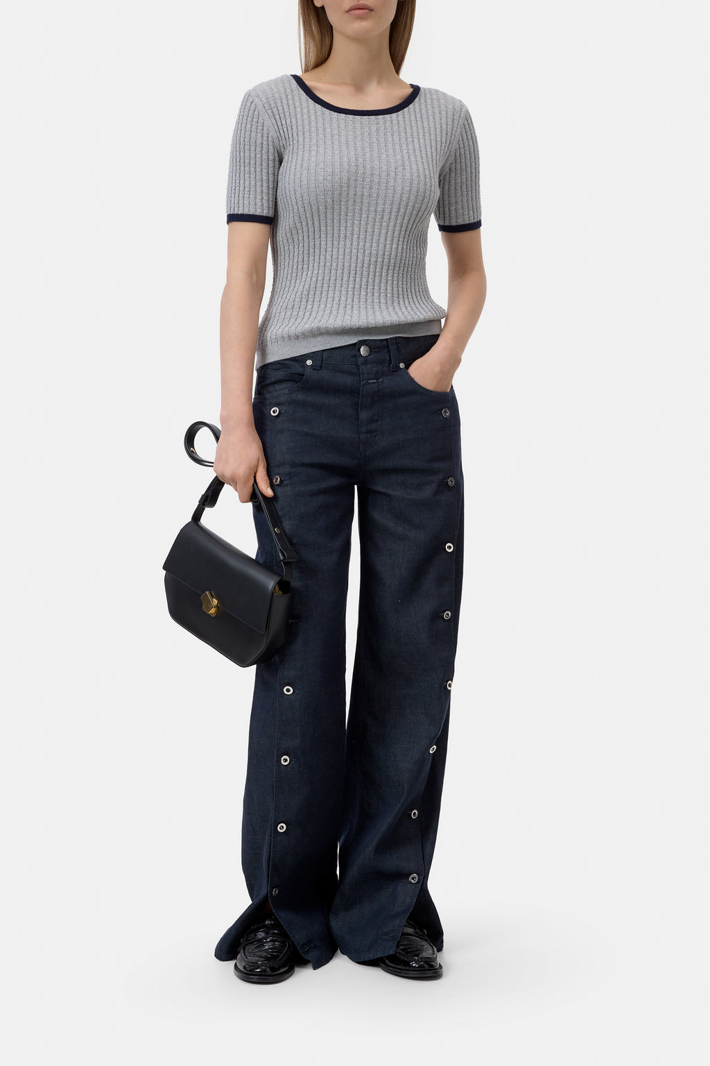 Closed Cotton-Blend Knit Top - Light Grey Melange
