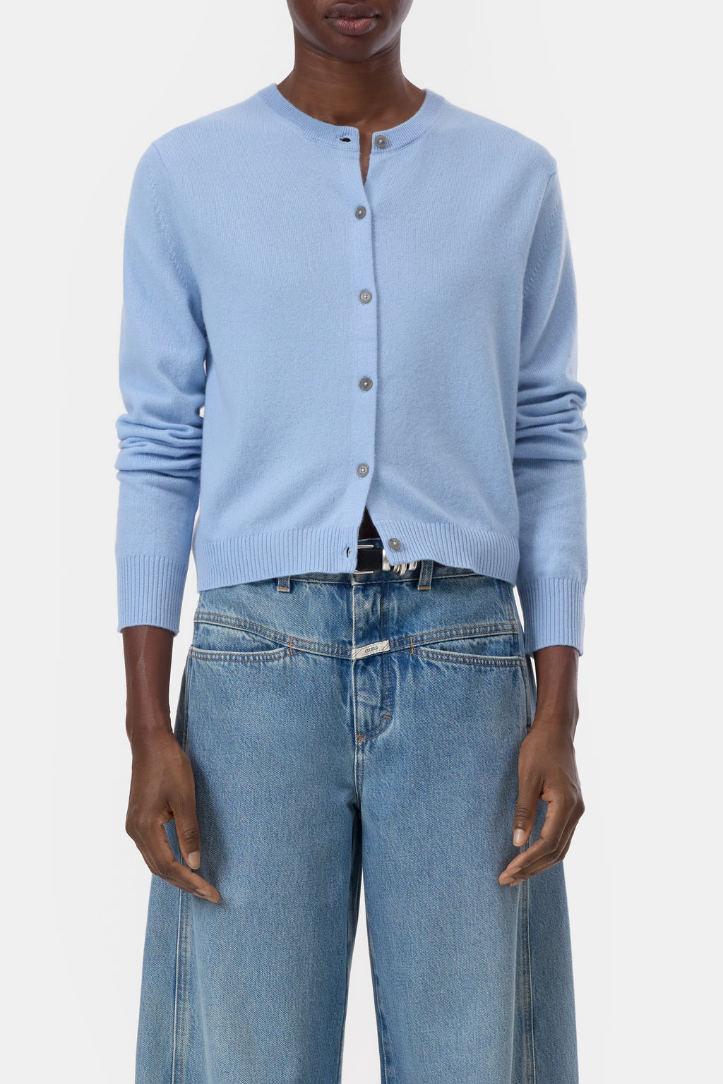 Closed Crew Neck Cardigan Long Sleeve - Powder Blue