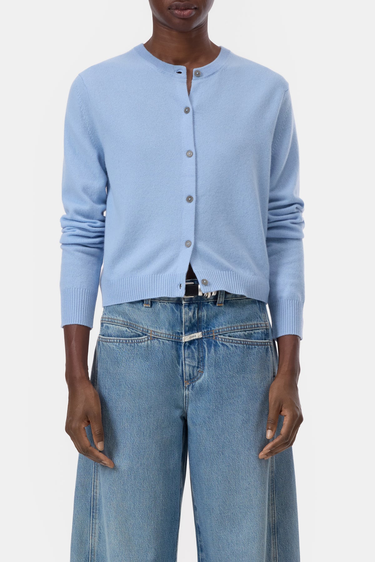 Closed Crew Neck Cardigan Long Sleeve - Powder Blue