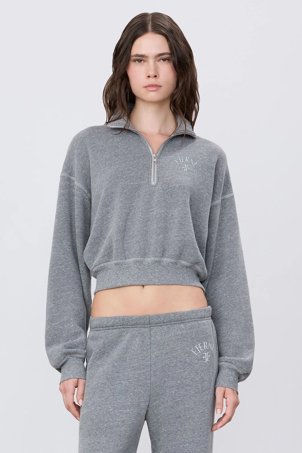 ÉTERNE Cropped Half-Zip Sweatshirt - Dark Heather Grey