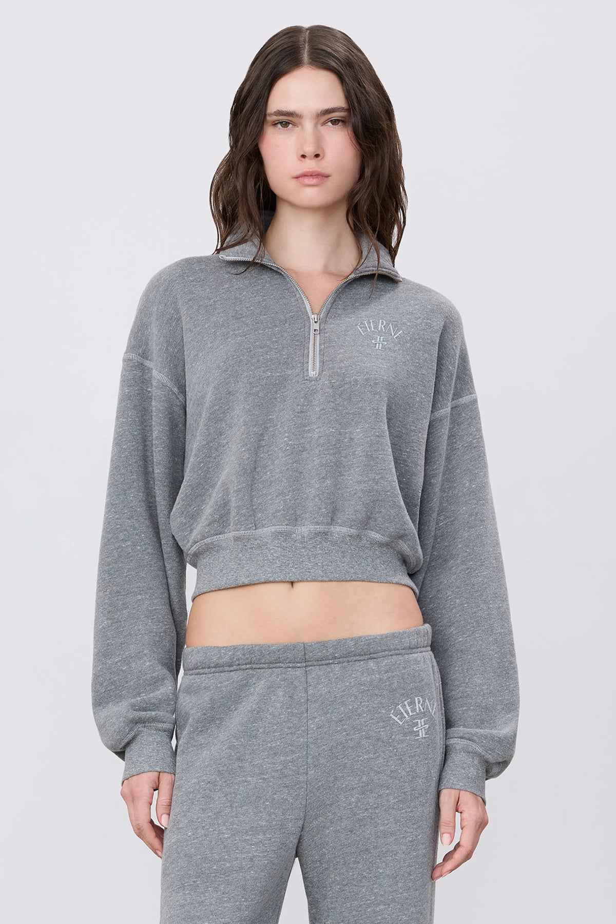 ÉTERNE Cropped Half-Zip Sweatshirt - Dark Heather Grey