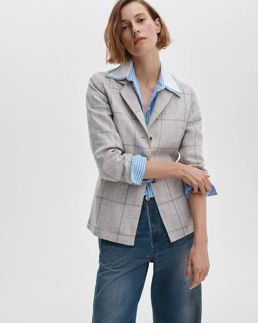 Rag & Bone Chappell Plaid Linen Blazer - White Multi