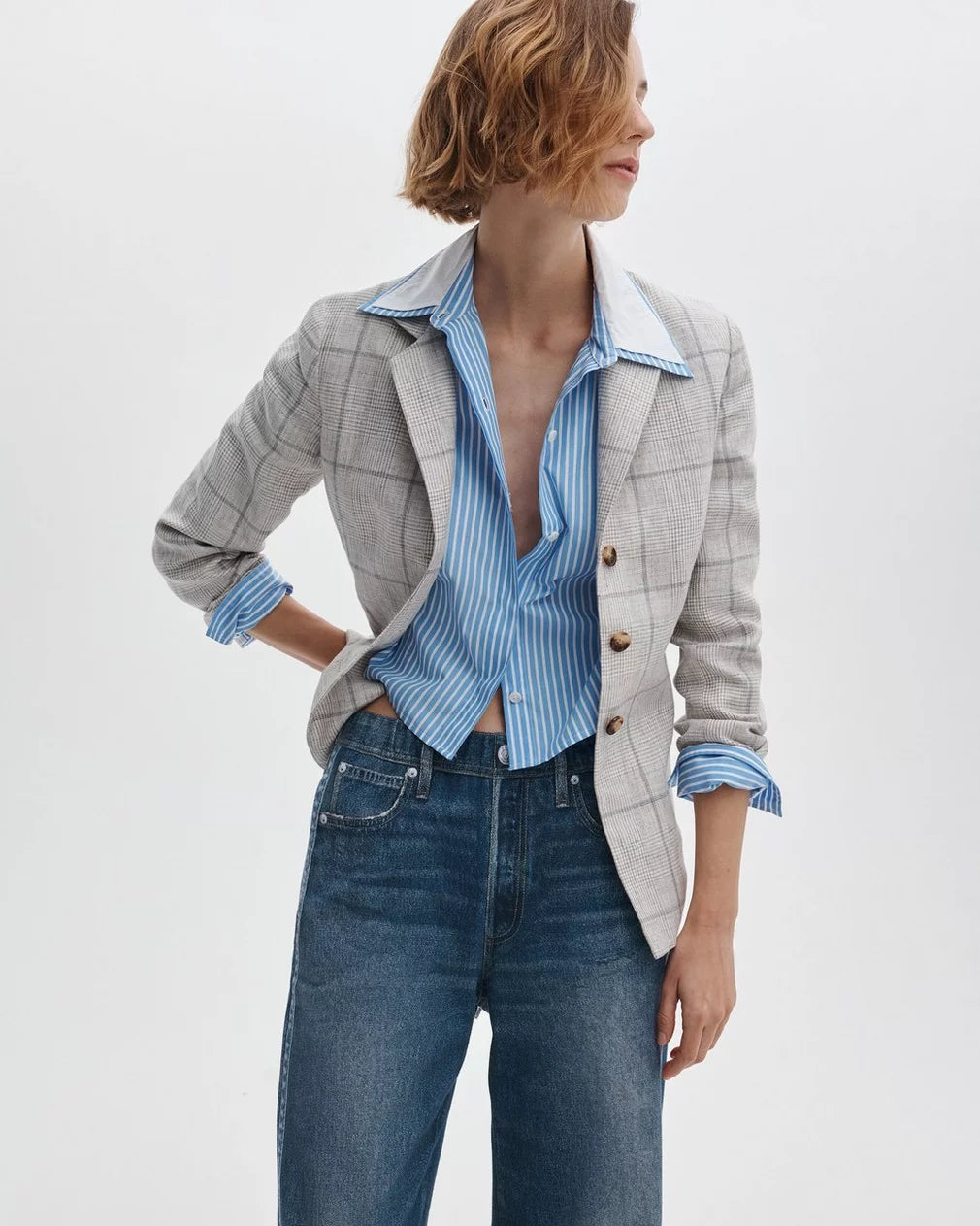 Rag & Bone Chappell Plaid Linen Blazer - White Multi