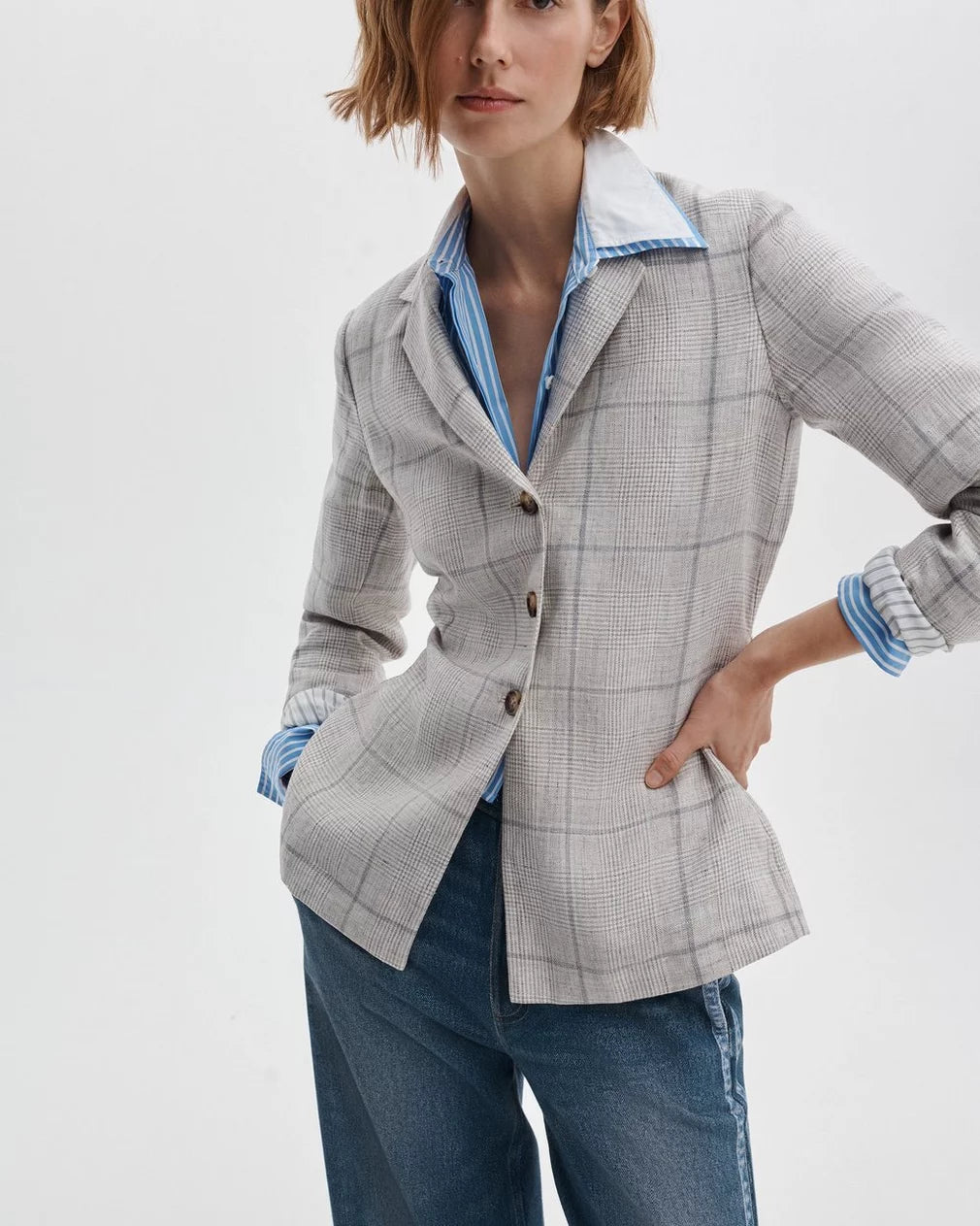Rag & Bone Chappell Plaid Linen Blazer - White Multi