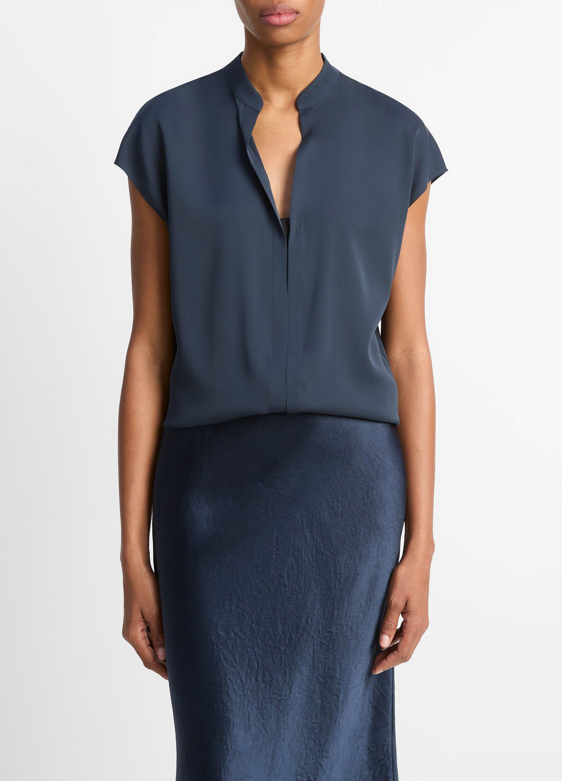 Vince Contrast-Placket Stretch Silk Cap Sleeve Blouse - Coastal/Black