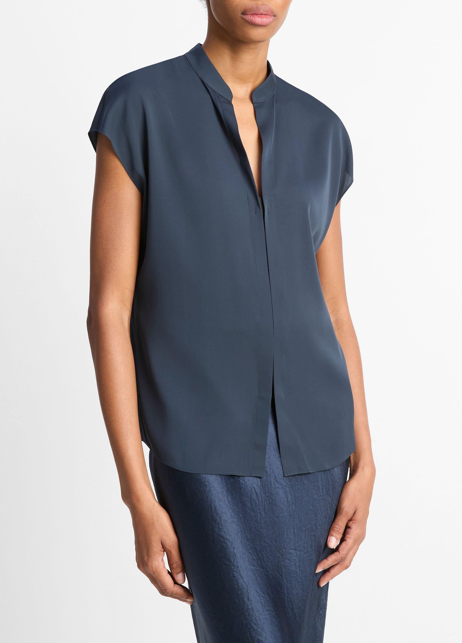 Vince Contrast-Placket Stretch Silk Cap Sleeve Blouse - Coastal/Black
