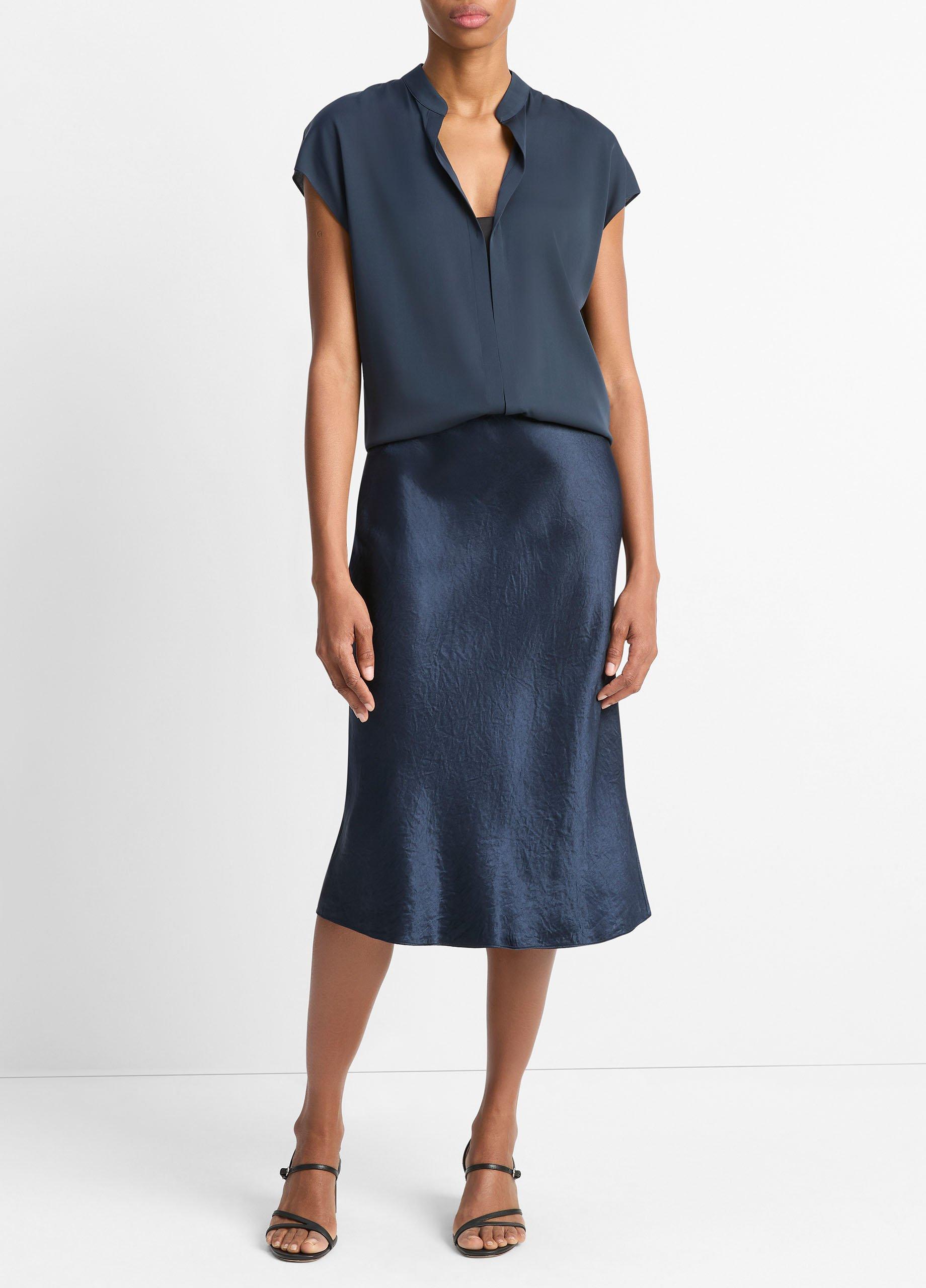 Vince Contrast-Placket Stretch Silk Cap Sleeve Blouse - Coastal/Black