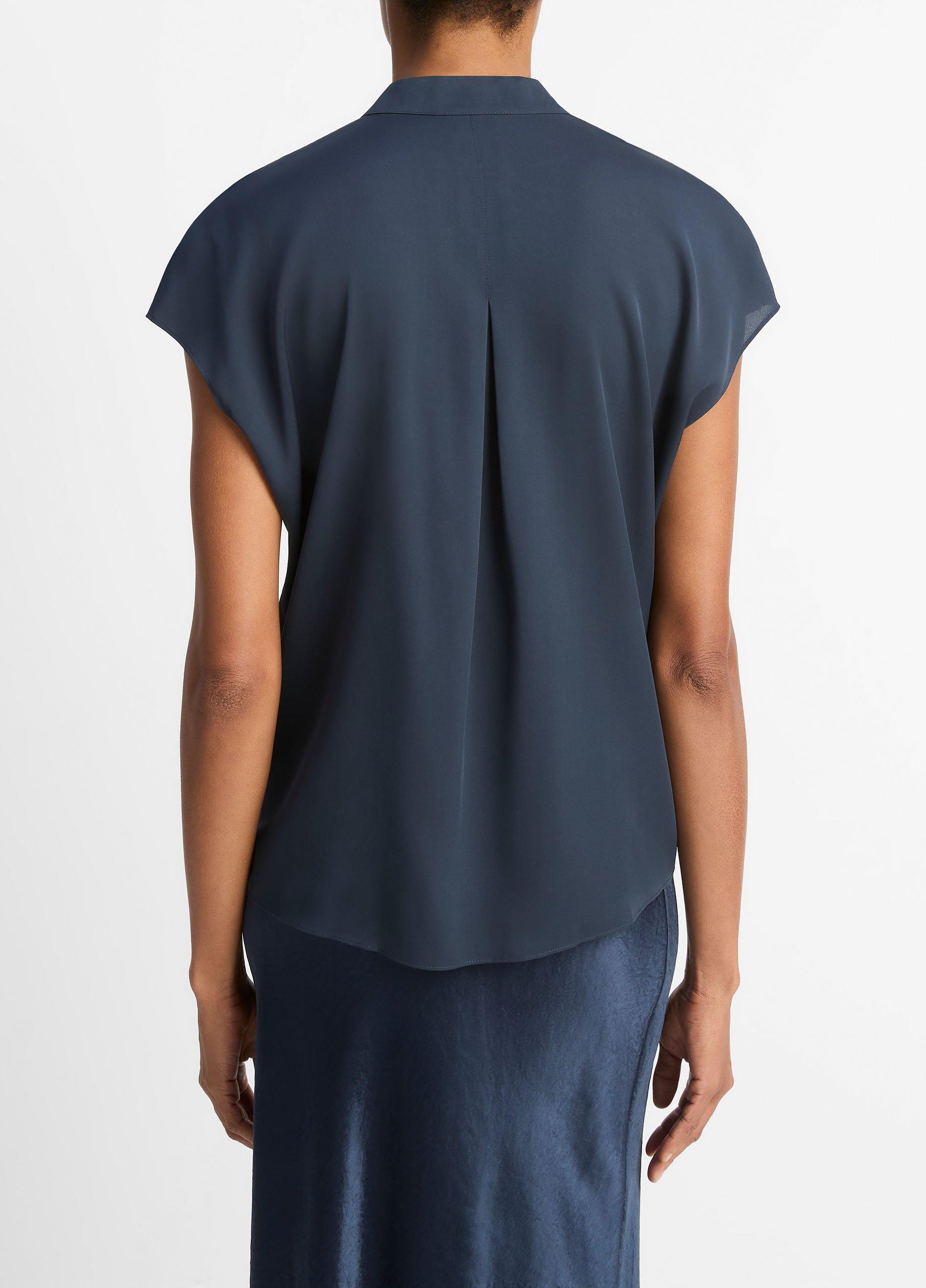 Vince Contrast-Placket Stretch Silk Cap Sleeve Blouse - Coastal/Black