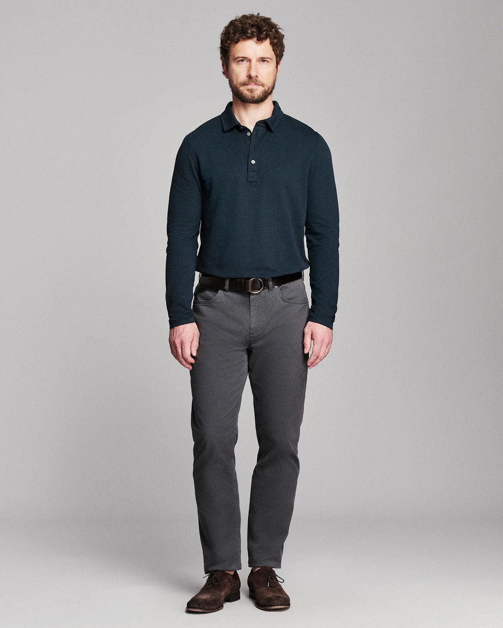 Billy Reid Long Sleeve Herringbone Polo - Carbon Blue