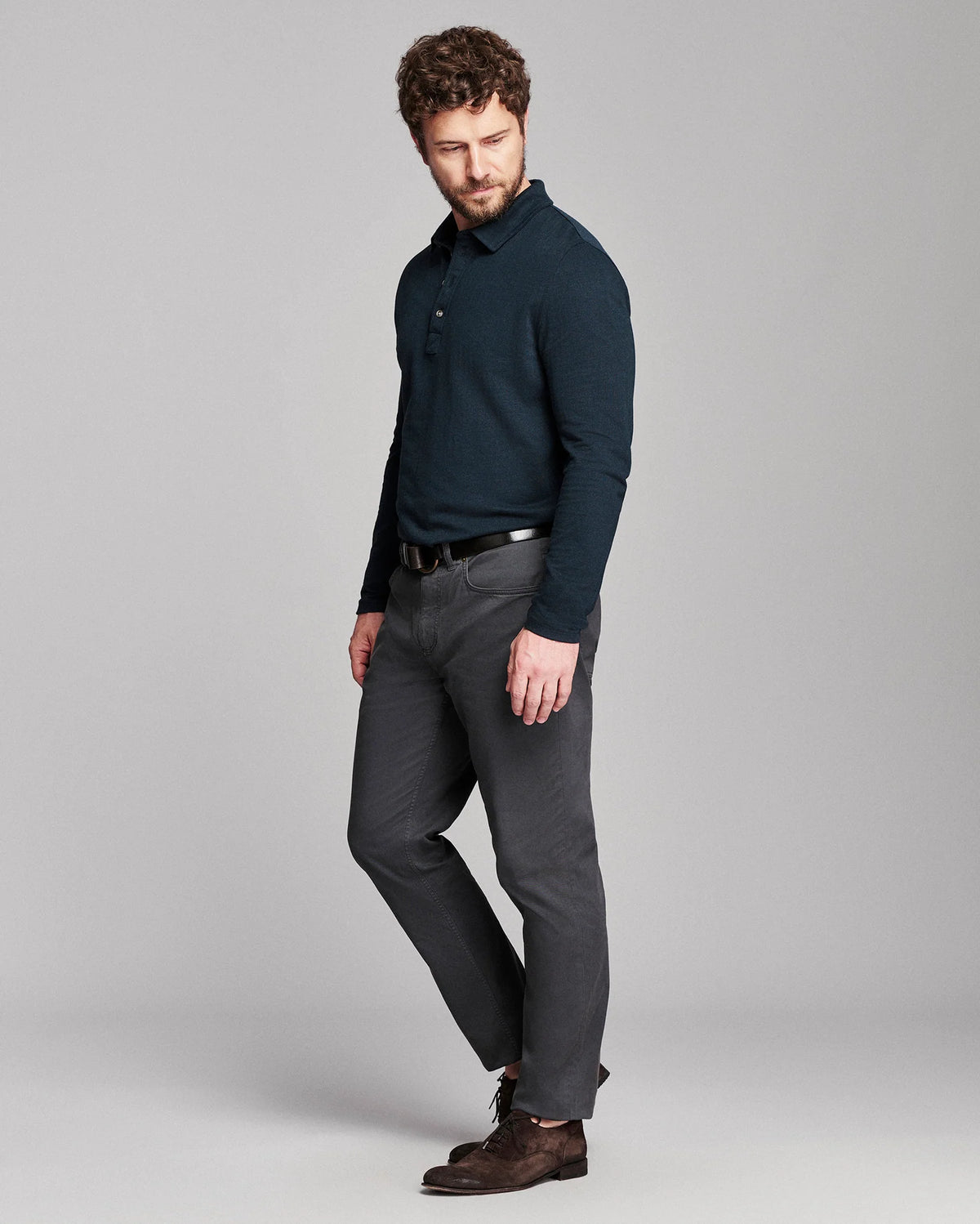 Billy Reid Long Sleeve Herringbone Polo - Carbon Blue