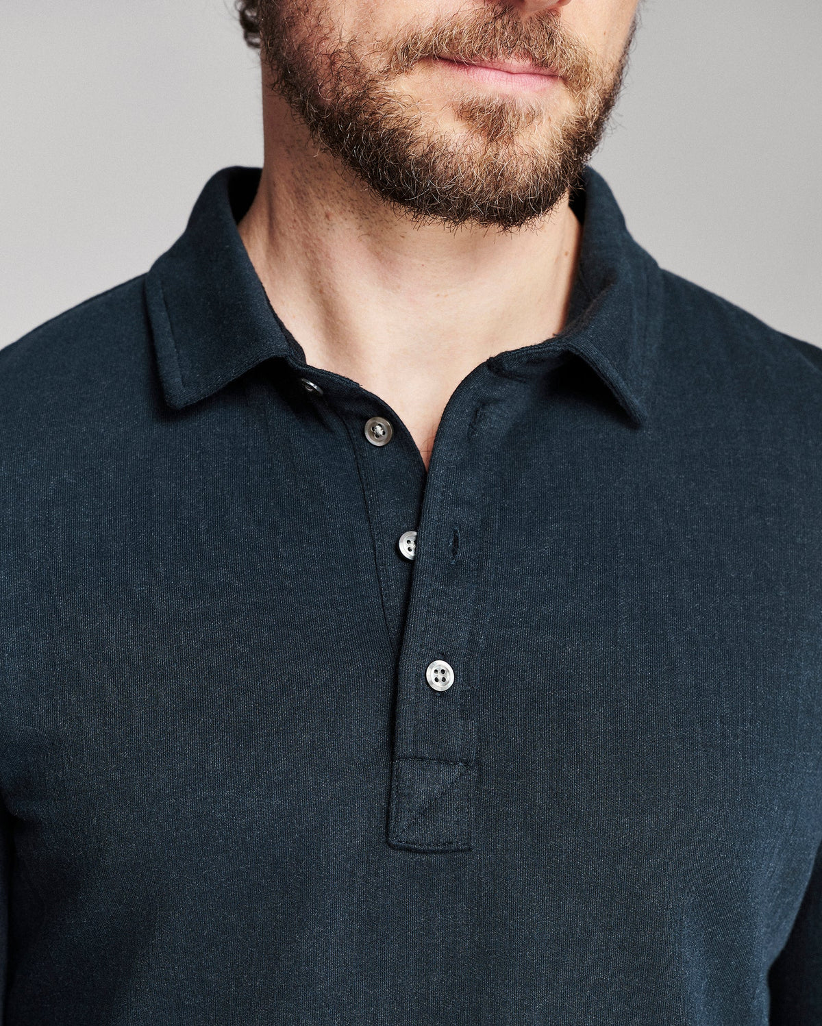 Billy Reid Long Sleeve Herringbone Polo - Carbon Blue