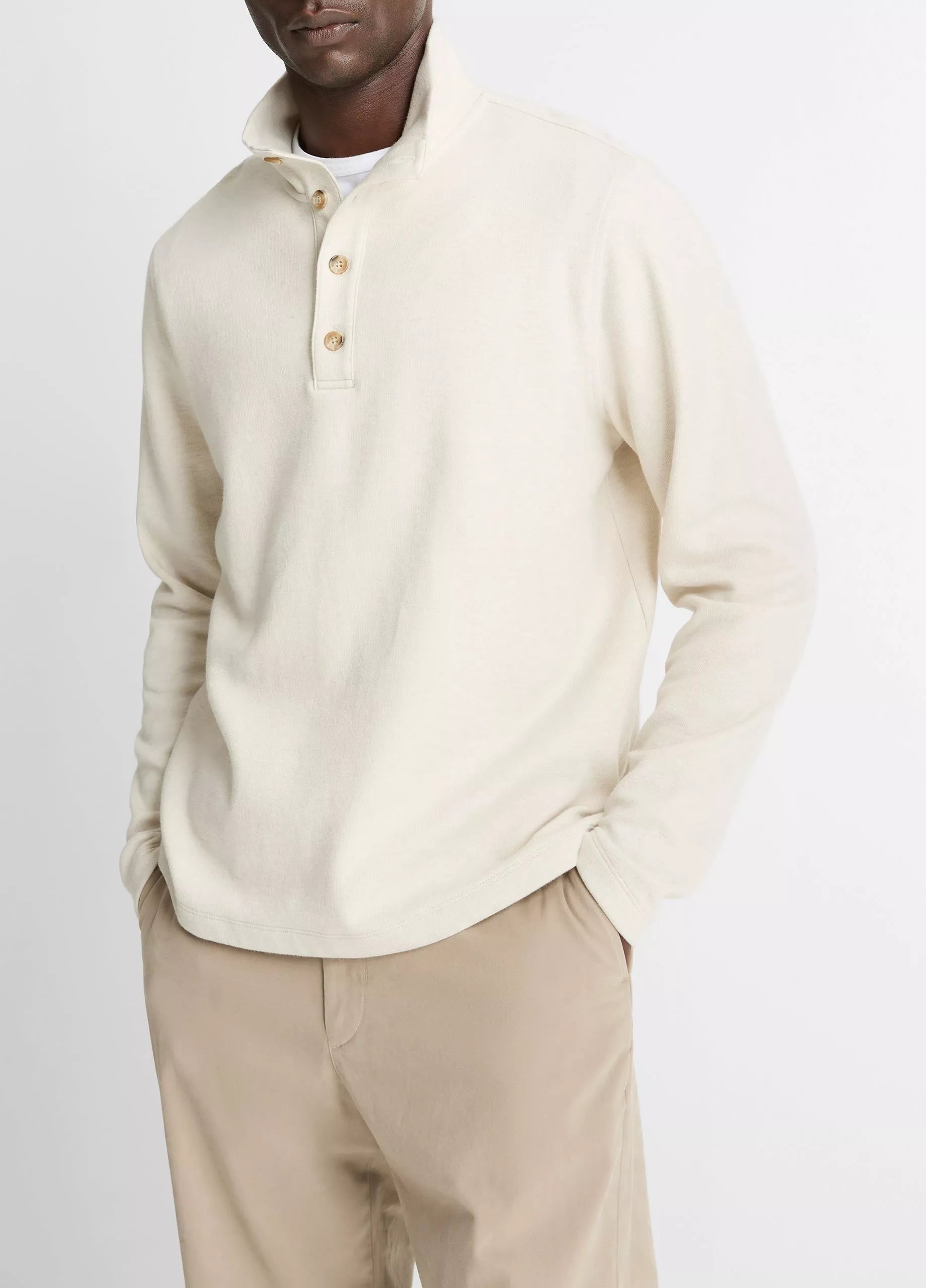 Vince Cotton Button Mock-Neck Pullover - Heather Bone