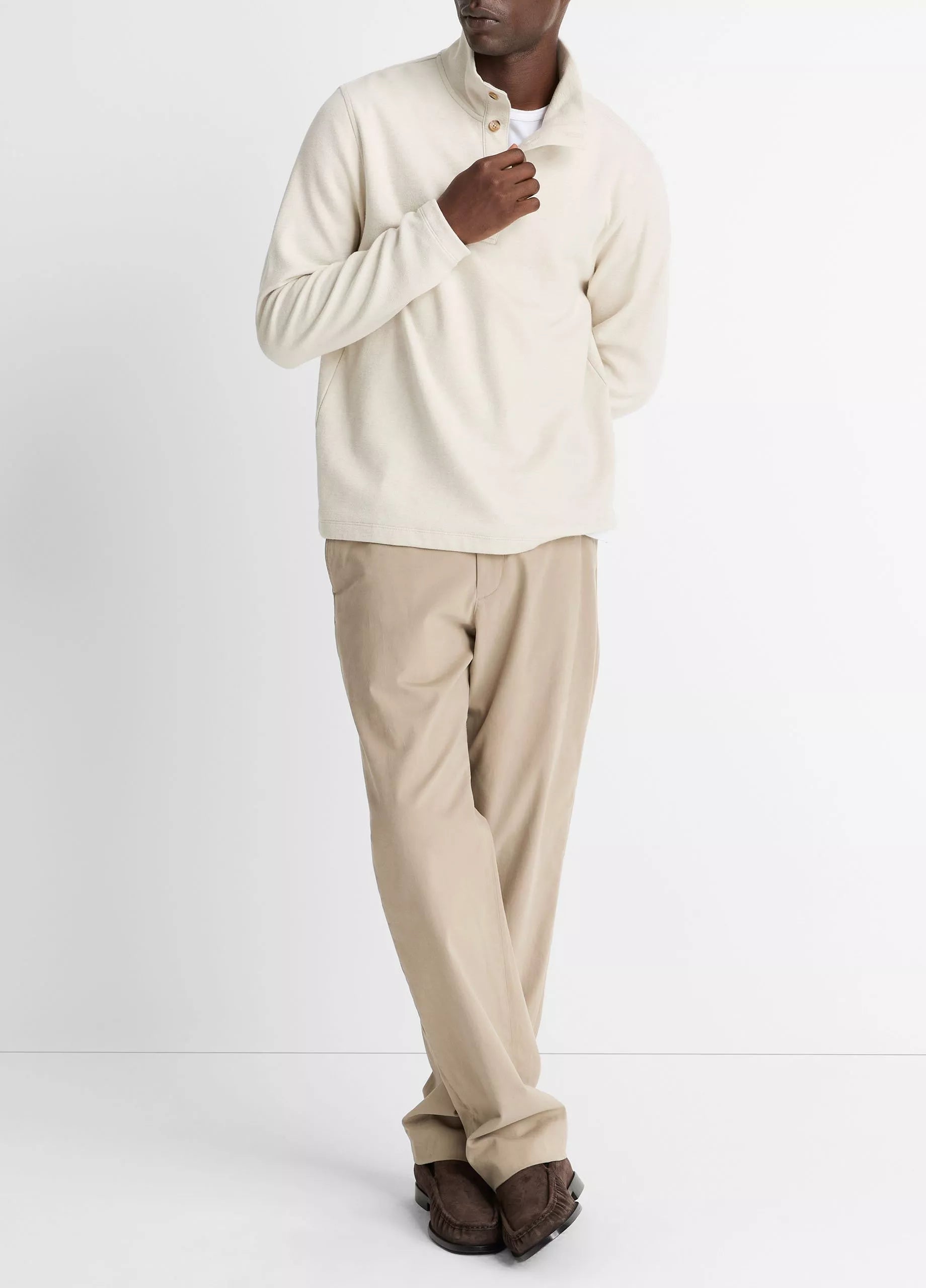 Vince Cotton Button Mock-Neck Pullover - Heather Bone