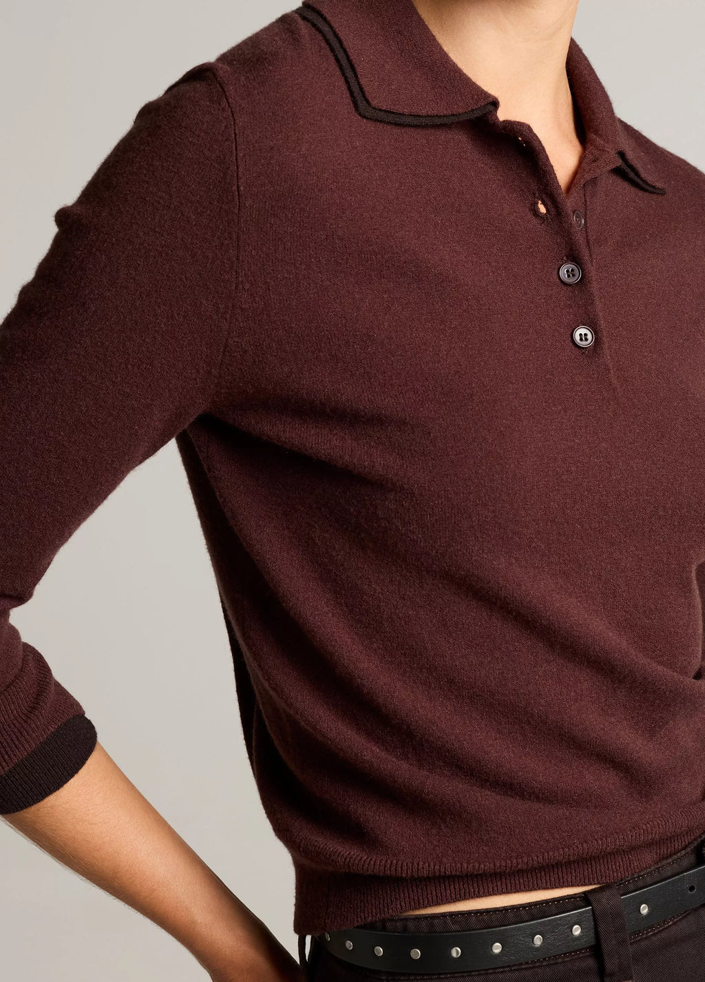 Vince Double-Trim Merino Wool & Cashmere-Blend Polo Sweater - Black Fig/Dark Black Fig