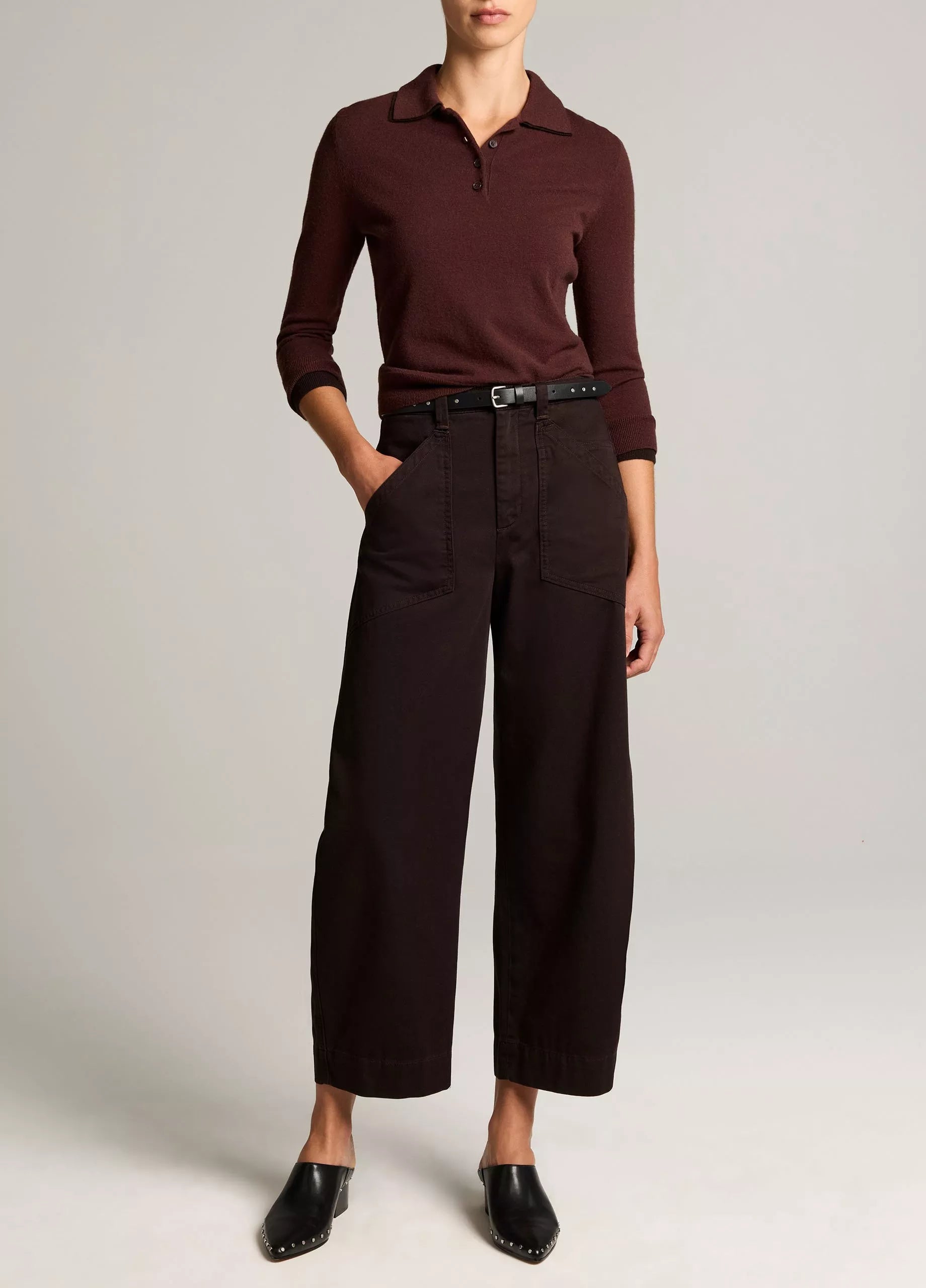 Vince Double-Trim Merino Wool & Cashmere-Blend Polo Sweater - Black Fig/Dark Black Fig