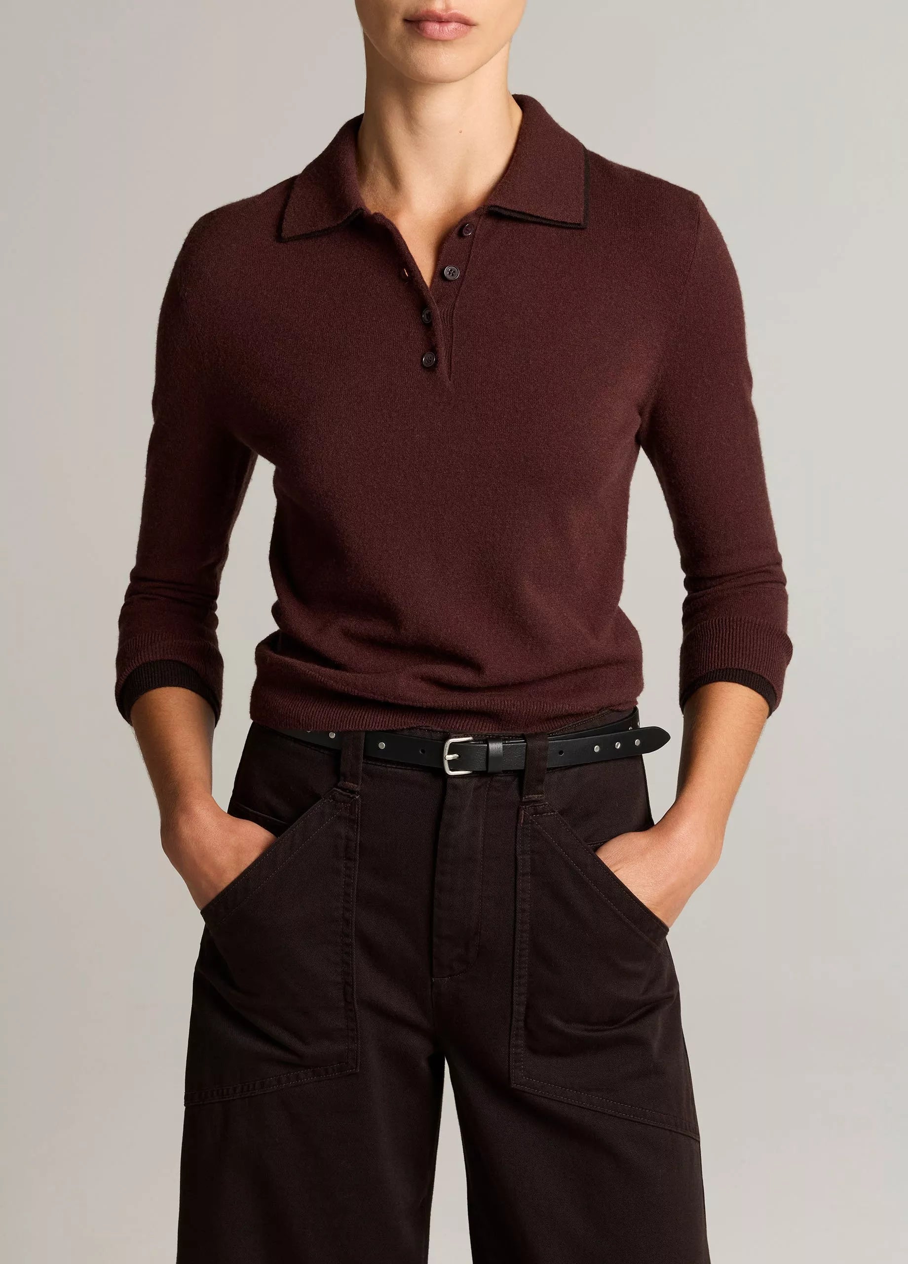 Vince Double-Trim Merino Wool & Cashmere-Blend Polo Sweater - Black Fig/Dark Black Fig