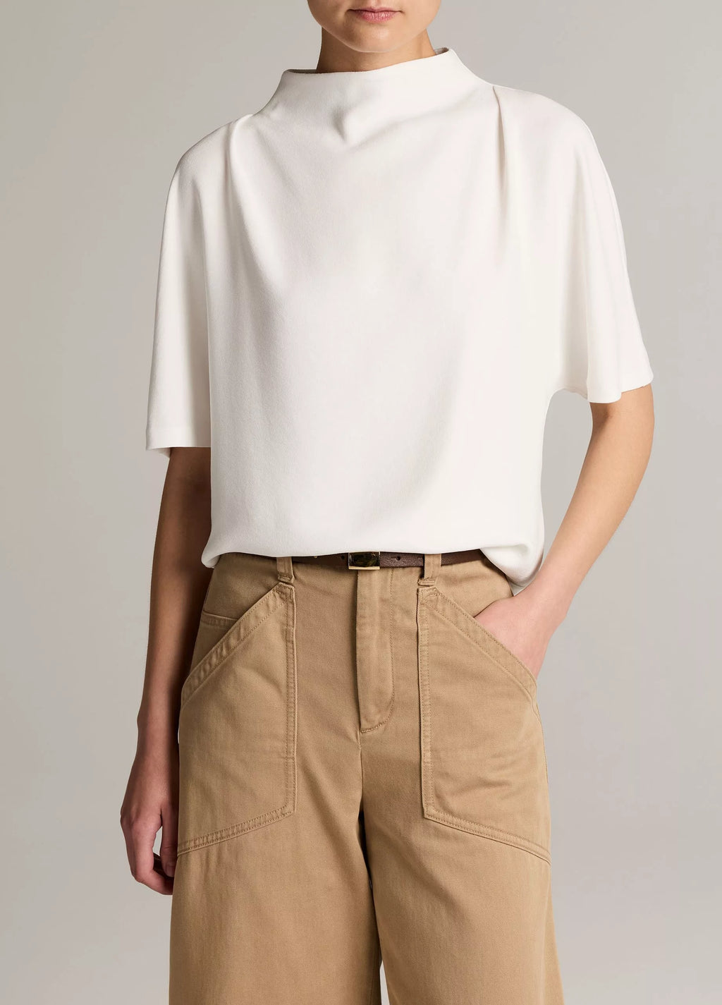 Vince Draped Crepe Funnel-Neck Top - Off White