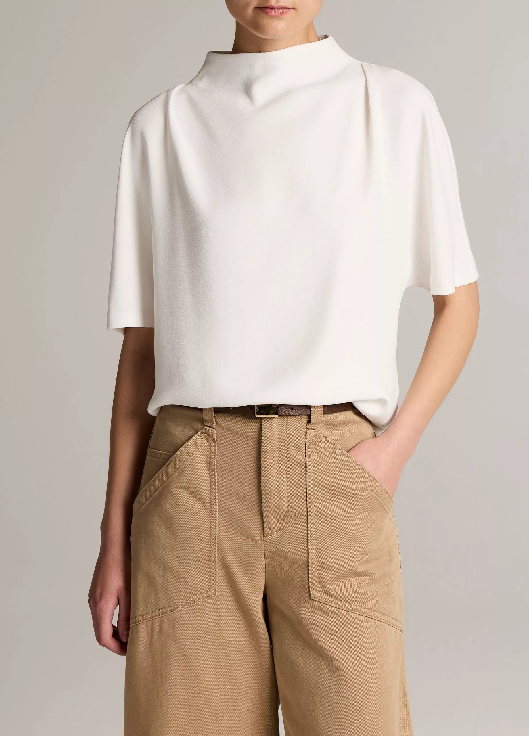 Vince Draped Crepe Funnel-Neck Top - Off White