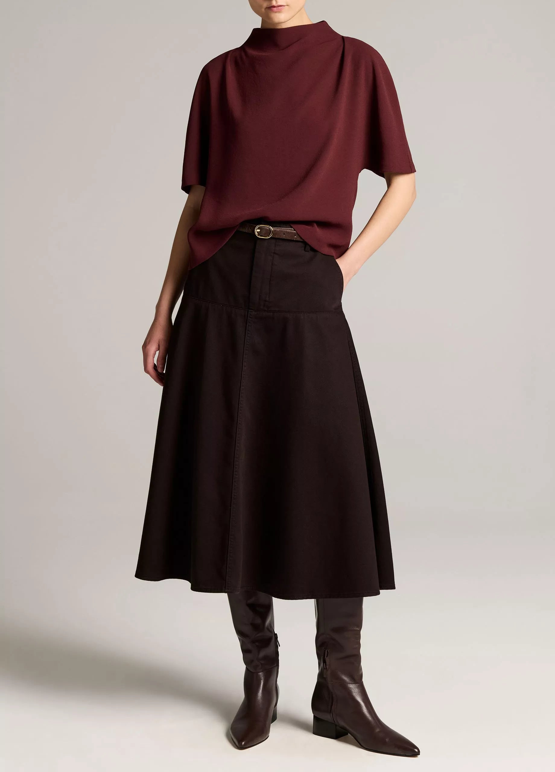 Vince Draped Crepe Funnel-Neck Top - Black Rose