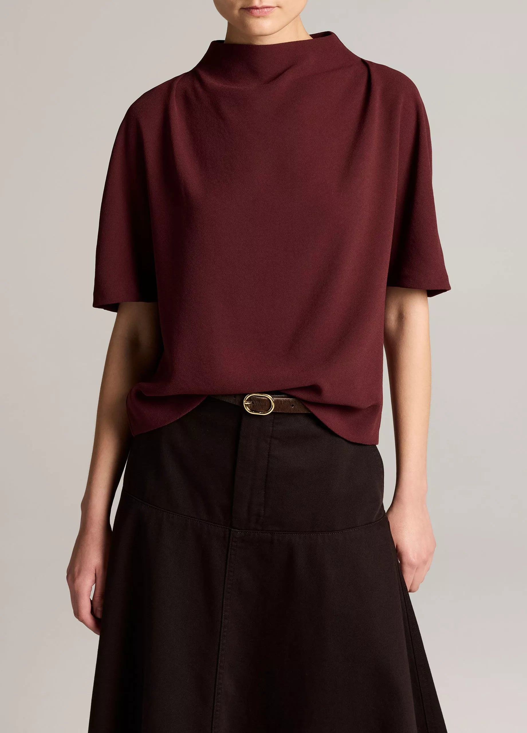 Vince Draped Crepe Funnel-Neck Top - Black Rose