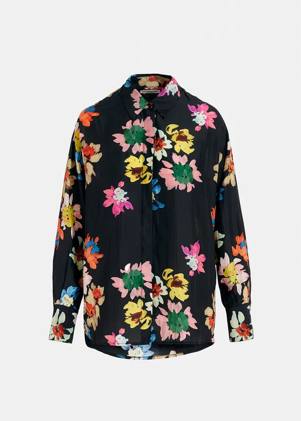 Essentiel Antwerp Black Silk Shirt with Floral Print