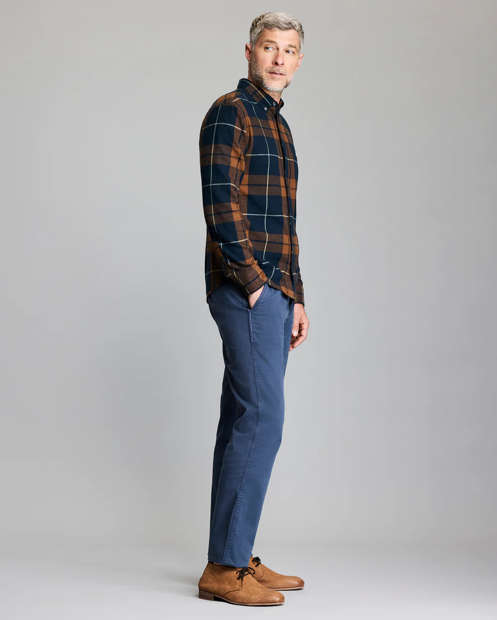 Billy Reid Brushed Bold Plaid Tuscumbia Shirt Button-Down - Carbon Blue Multi