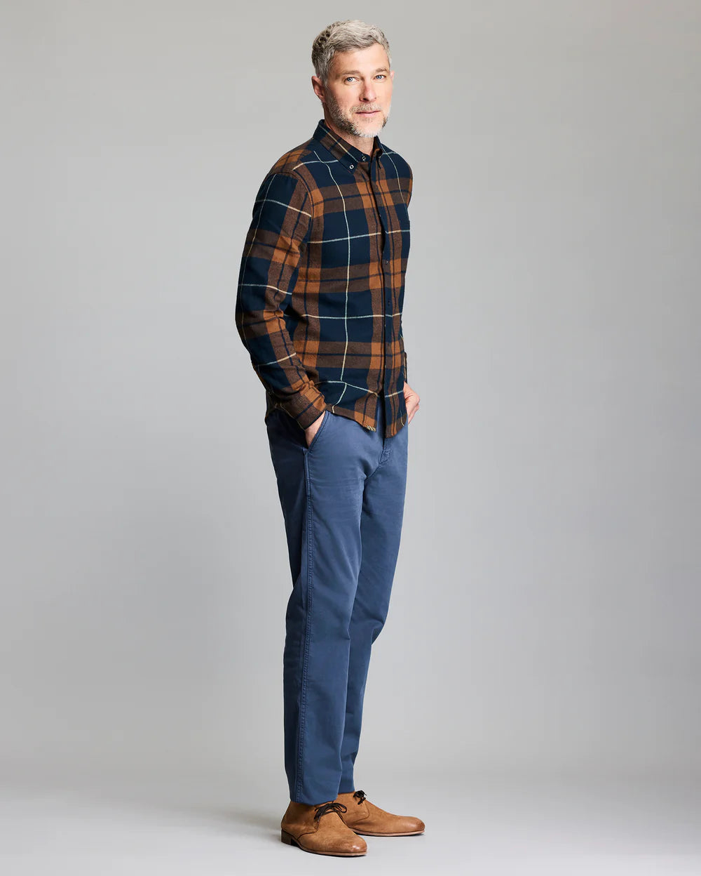 Billy Reid Brushed Bold Plaid Tuscumbia Shirt Button-Down - Carbon Blue Multi