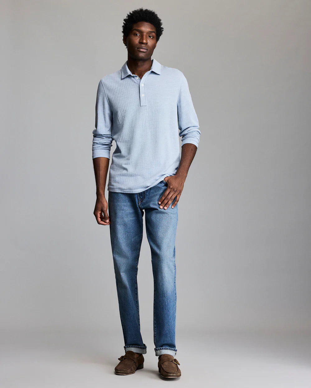 Billy Reid Long Sleeve Herringbone Polo - Blue Fog