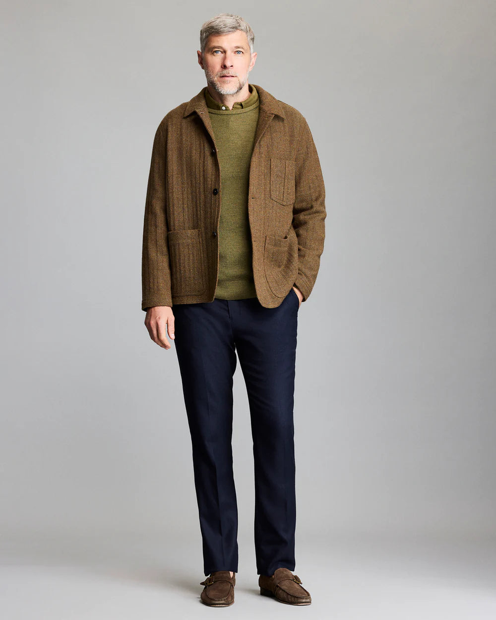 Billy Reid Wool Herringbone Chore Coat - Olive Herringbone