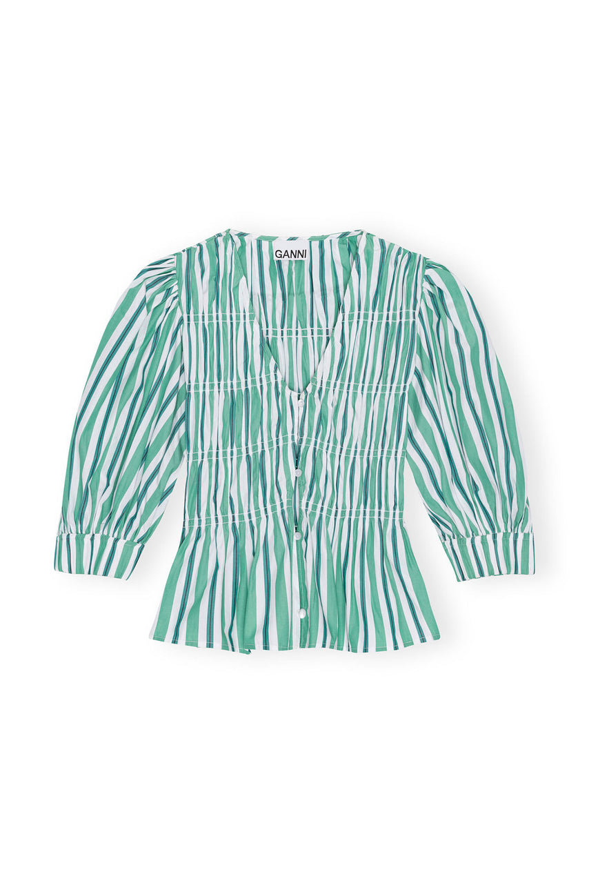 Ganni Green Striped V-Neckline Fitted Blouse