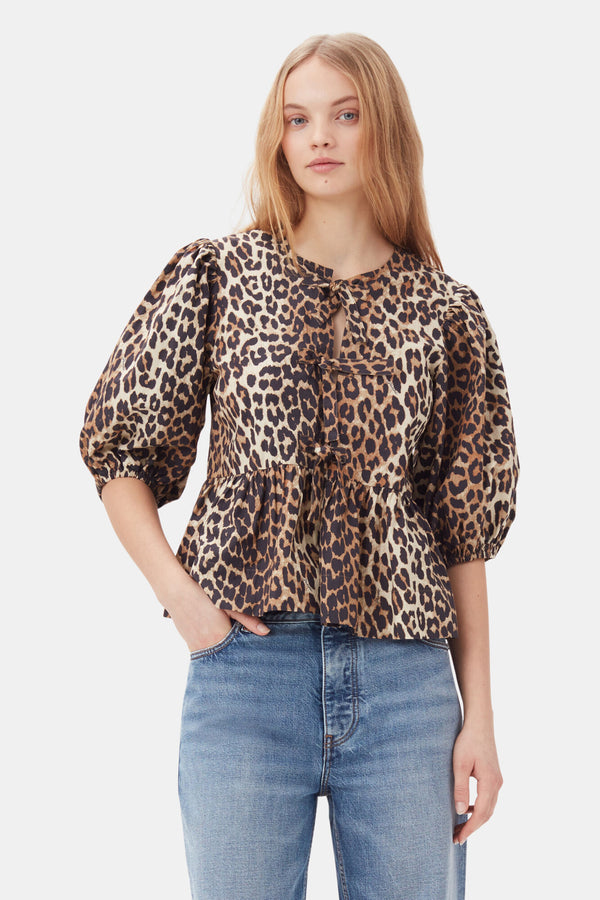 Ganni Leopard Cotton Poplin Peplum Tie Blouse