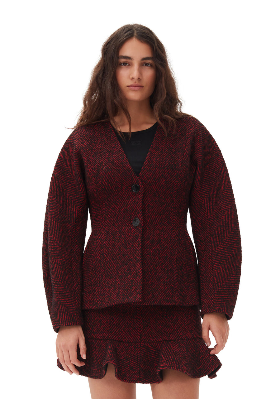 Ganni Herringbone Wool Curve Sleeve Blazer  - Winery